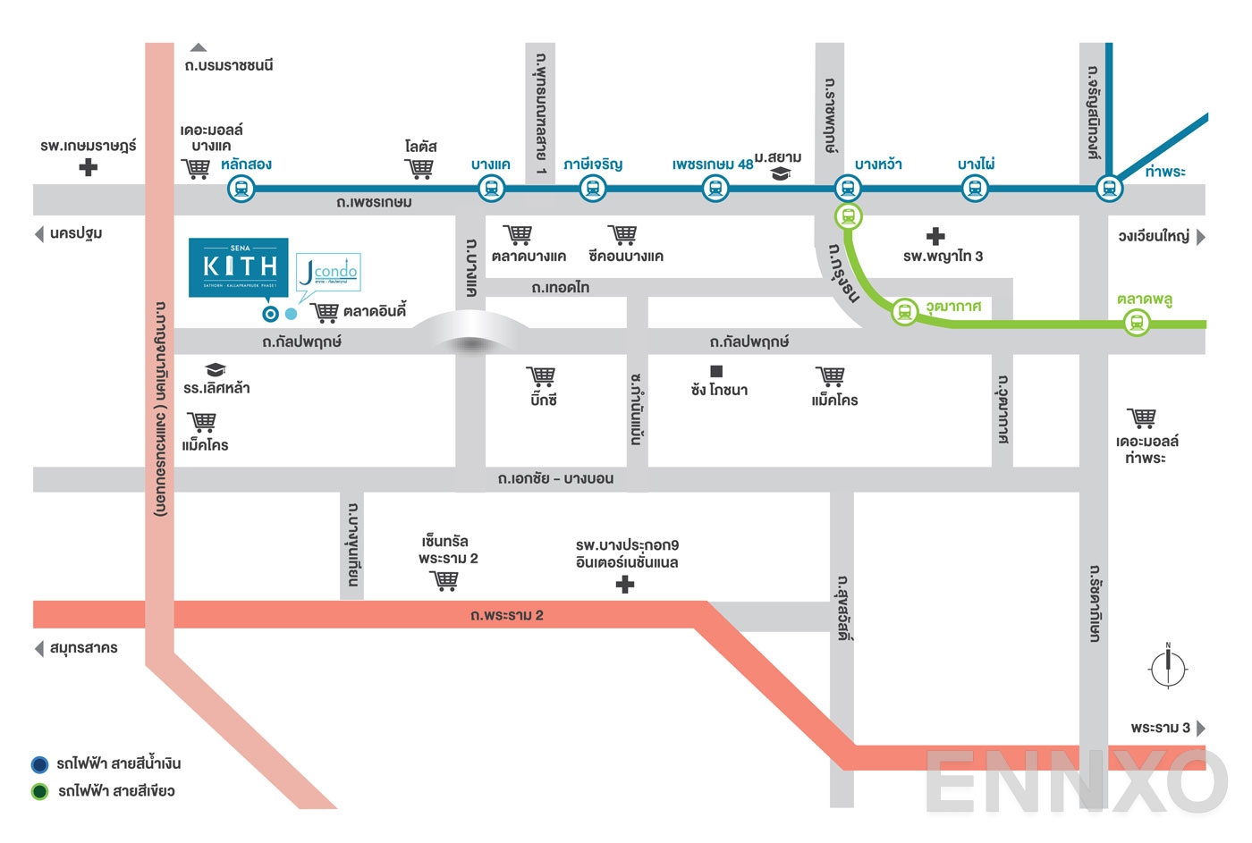 ภาพแผนที่แสดงที่ตั้งโครงการ SENA KITH Sathorn - Kallaprapruek 
(เสนาคิทท์ สาทร - กัลปพฤกษ์) และสถานที่โดยรอบ