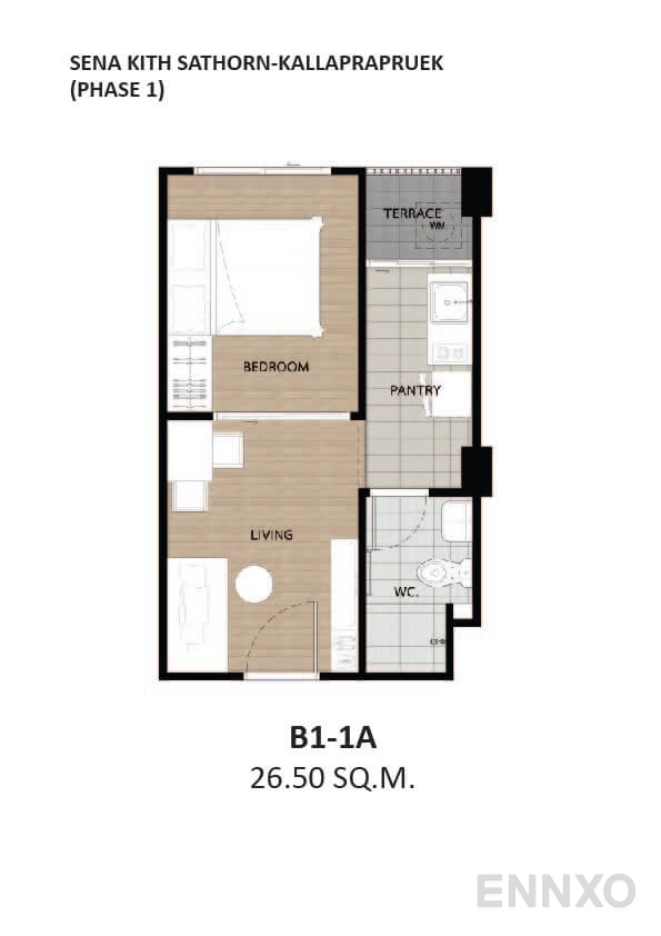 รูปแปลนห้อง Type B1 ของโครงการ เสนาคิทท์ สาทร - กัลปพฤกษ์