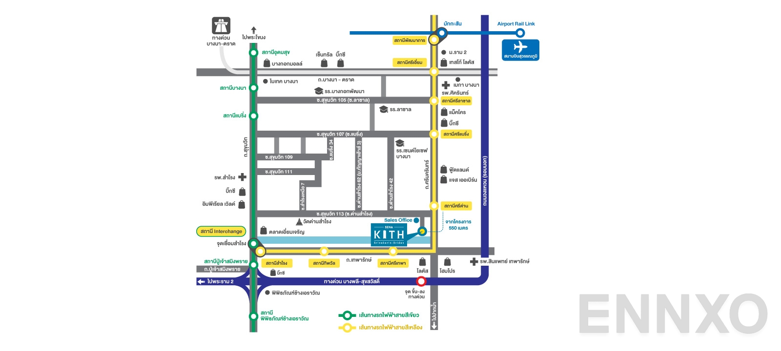 ภาพแผนที่แสดงที่ตั้งโครงการ Sena Kith Srinakarin - Sridan
(เสนาคิทท์ ศรีนครินทร์ - ศรีด่าน) และสถานที่โดยรอบ