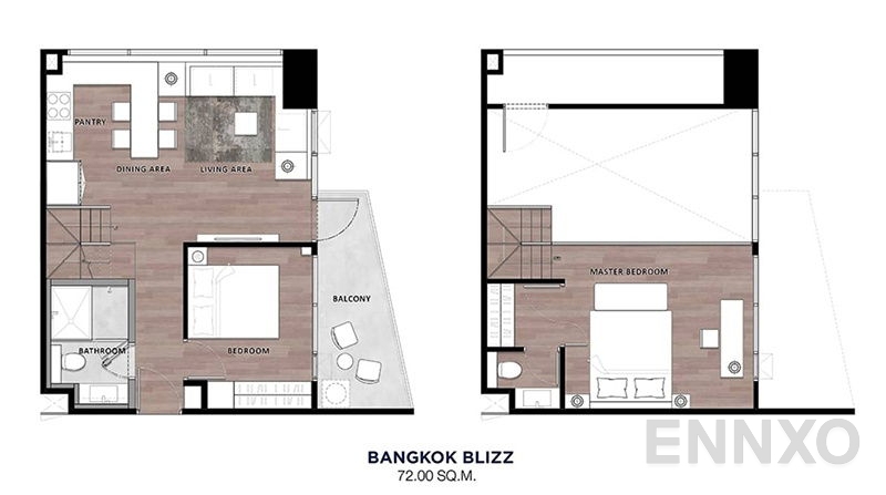 รูปแปลนห้อง 2 Bedrooms Duplex ของโครงการ Siamese Rama 9
