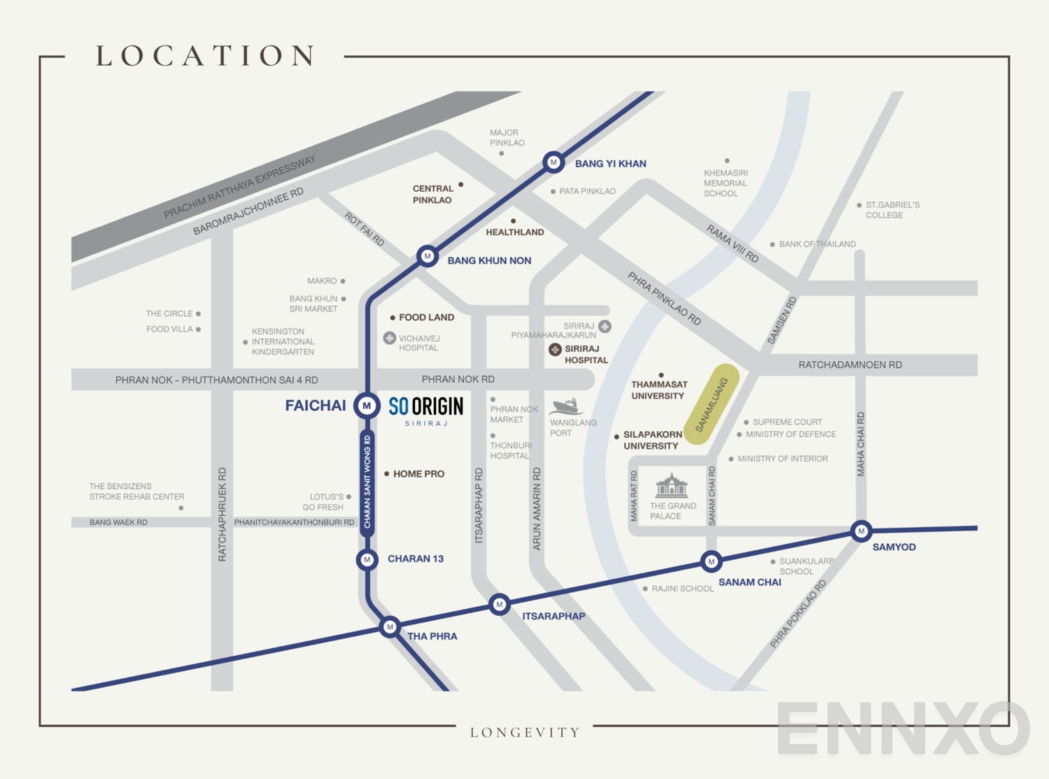 ภาพแผนที่แสดงที่ตั้งโครงการ So Origin Wellness Siriraj
(โซ ออริจิ้น เวลเนส ศิริราช) และสถานที่โดยรอบ