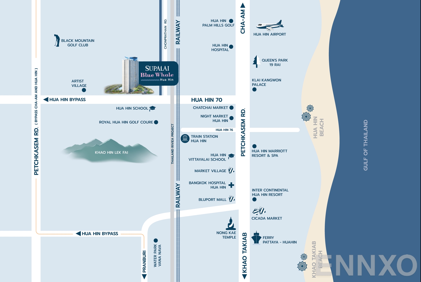 ภาพแผนที่แสดงที่ตั้งโครงการ Supalai Blue Whale Hua Hin และสถานที่โดยรอบ