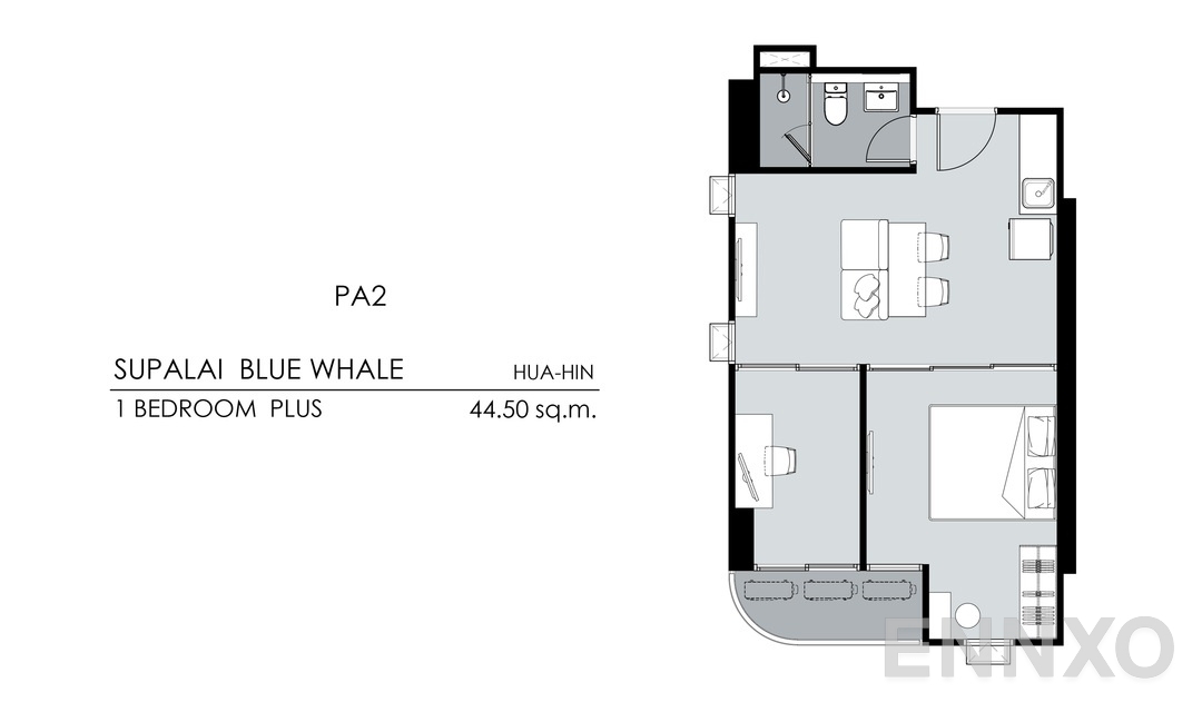 รูปแปลนห้อง 1 Bedroom Plus PA2 (44.5 ตร.ม.) ของโครงการ Supalai Blue Whale Hua Hin