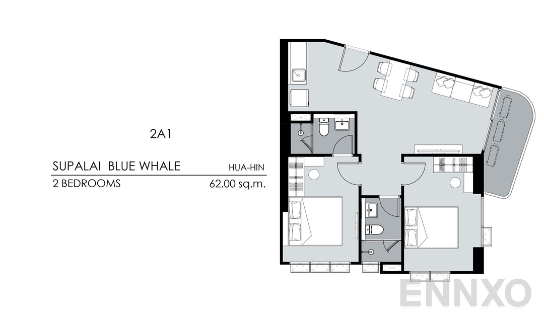 รูปแปลนห้อง 2 Bedrooms 2A1 (62 ตร.ม.) ของโครงการ Supalai Blue Whale Hua Hin