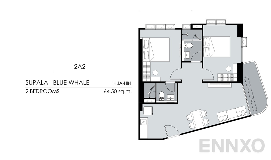 รูปแปลนห้อง 2 Bedrooms 2A2 (64.5 ตร.ม.) ของโครงการ Supalai Blue Whale Hua Hin