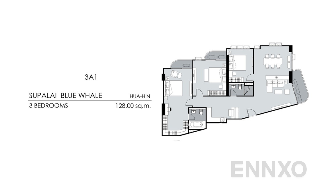 รูปแปลนห้อง 3 Bedrooms 3A1 (128 ตร.ม.) ของโครงการ Supalai Blue Whale Hua Hin