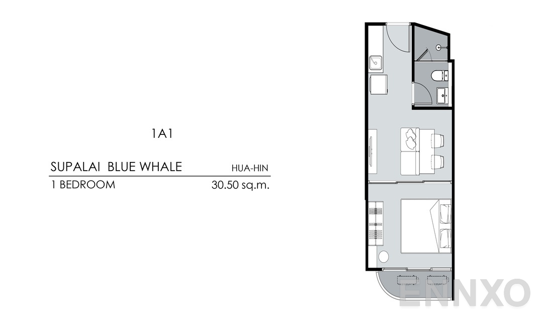 รูปแปลนห้อง 1 Bedroom 1A1 (30.5 ตร.ม.) ของโครงการ Supalai Blue Whale Hua Hin