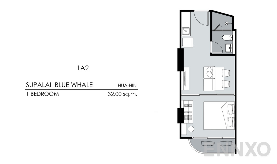 รูปแปลนห้อง 1 Bedroom 1A2 (32 ตร.ม.) ของโครงการ Supalai Blue Whale Hua Hin