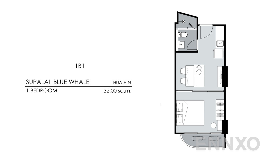 รูปแปลนห้อง 1 Bedroom 1B1 (32 ตร.ม.) ของโครงการ Supalai Blue Whale Hua Hin