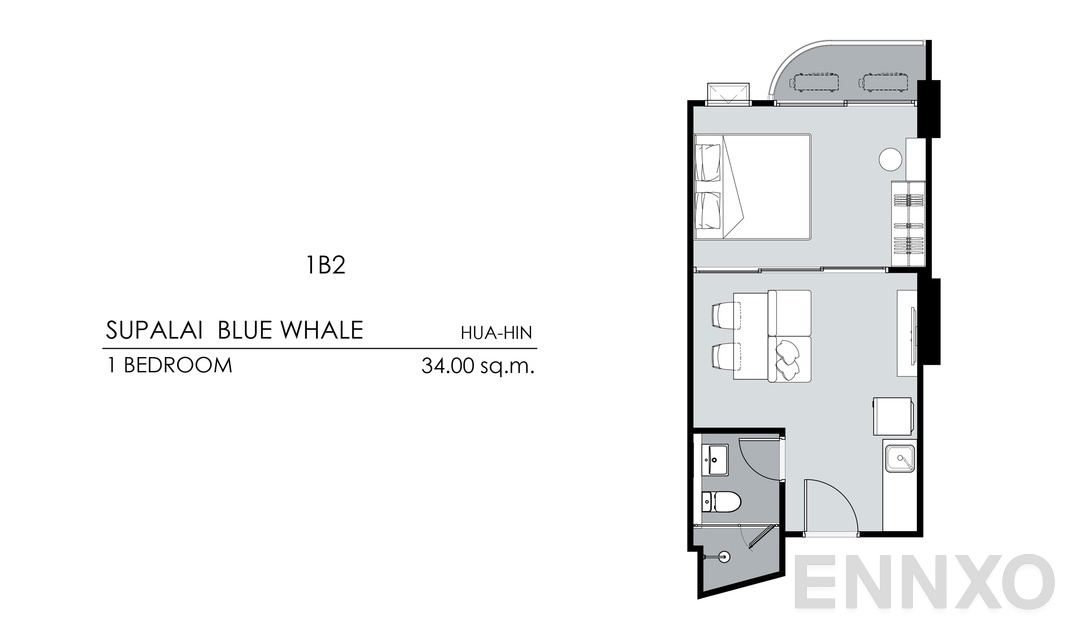 รูปแปลนห้อง 1 Bedroom 1B2 (34 ตร.ม.) ของโครงการ Supalai Blue Whale Hua Hin