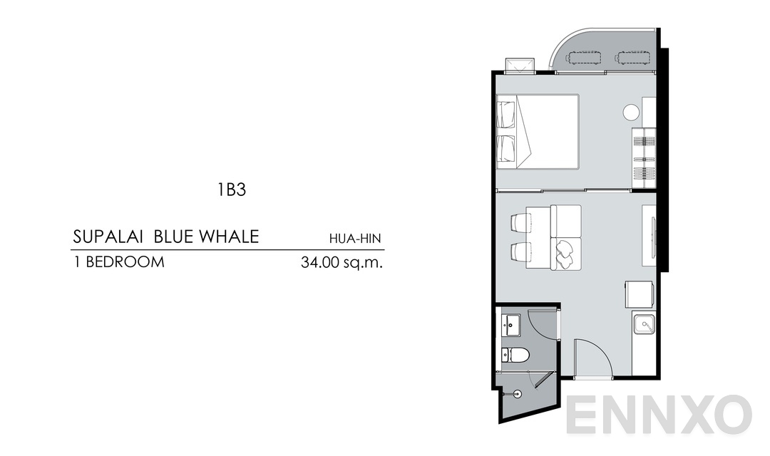 รูปแปลนห้อง 1 Bedroom 1B3 (34 ตร.ม.) ของโครงการ Supalai Blue Whale Hua Hin