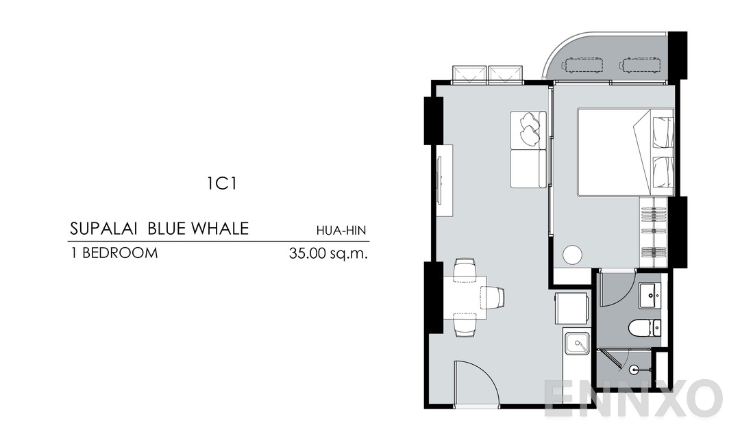 รูปแปลนห้อง 1 Bedroom 1C1 (35 ตร.ม.) ของโครงการ Supalai Blue Whale Hua Hin