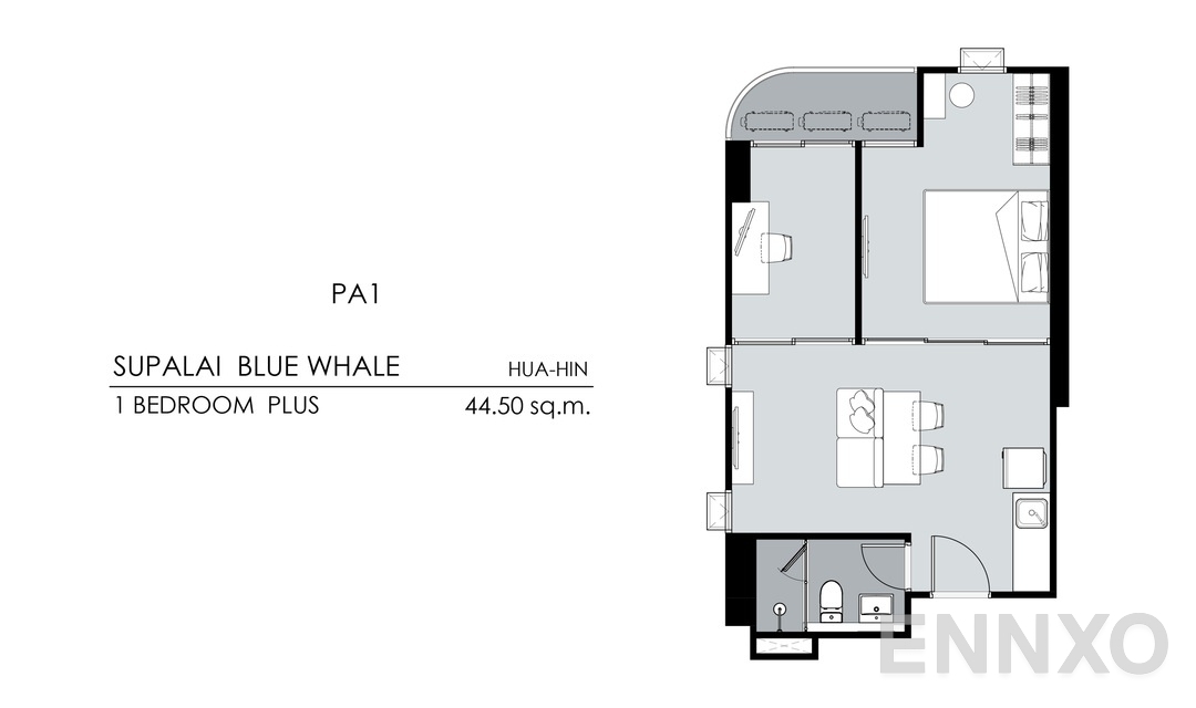 รูปแปลนห้อง 1 Bedroom Plus PA1 (44.5 ตร.ม.) ของโครงการ Supalai Blue Whale Hua Hin