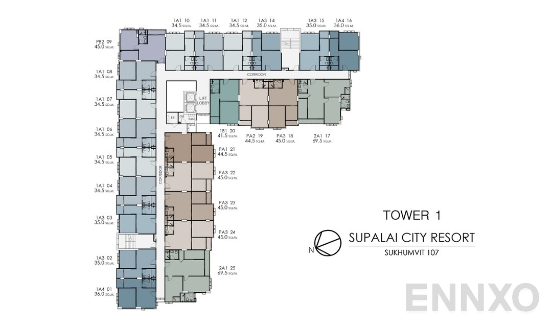 แปลนชั้น tower_1 ของโครงการ Supalai City Resort Bearing Station Sukumvit 105