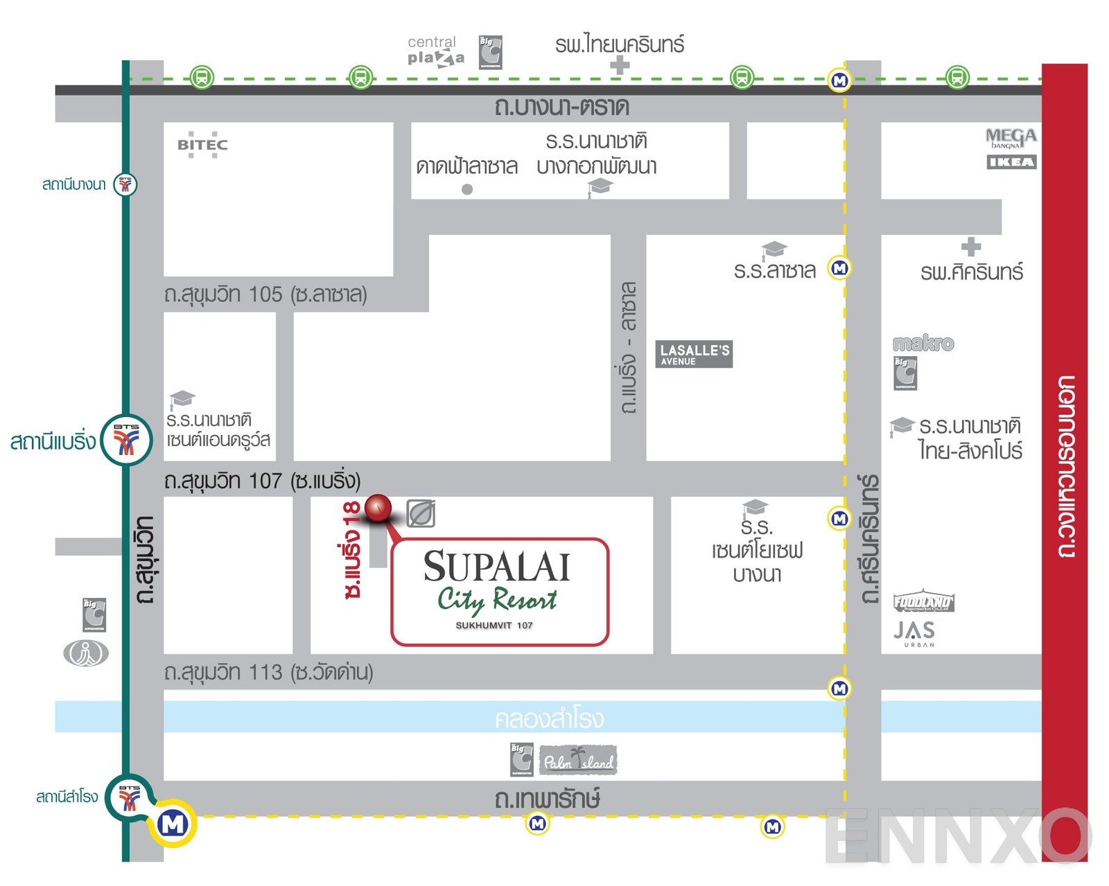 ภาพแผนที่แสดงที่ตั้งโครงการ Supalai City Resort Bearing Station Sukumvit 105 และสถานที่โดยรอบ