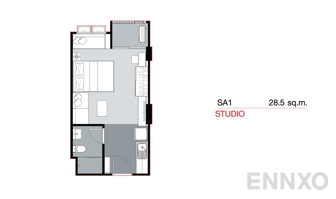 รูปแปลนห้อง Studio SA1 (28.5 sq.m) ของโครงการ Supalai City Resort Bearing Station Sukumvit 105