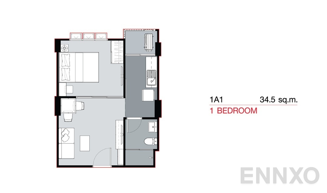 รูปแปลนห้อง 1 Bedroom 1A1 (34.5 sq.m) ของโครงการ Supalai City Resort Bearing Station Sukumvit 105