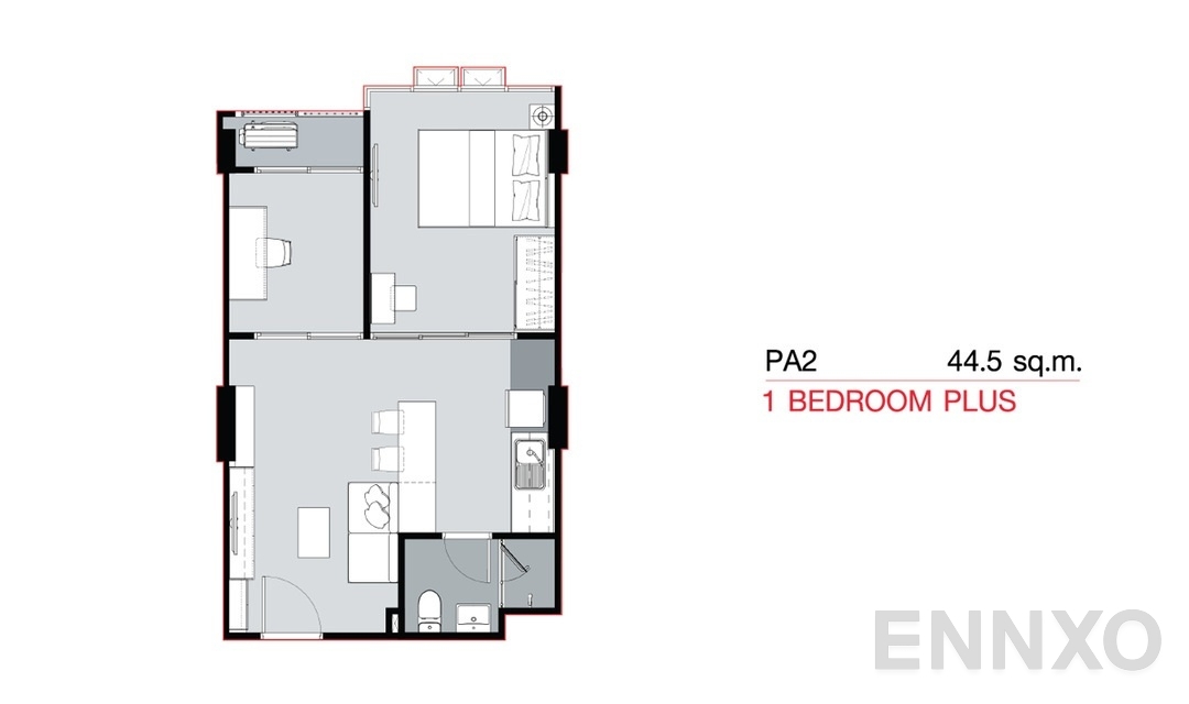รูปแปลนห้อง 1 Bedroom Plus PA2 (44.5 sq.m) ของโครงการ Supalai City Resort Bearing Station Sukumvit 105