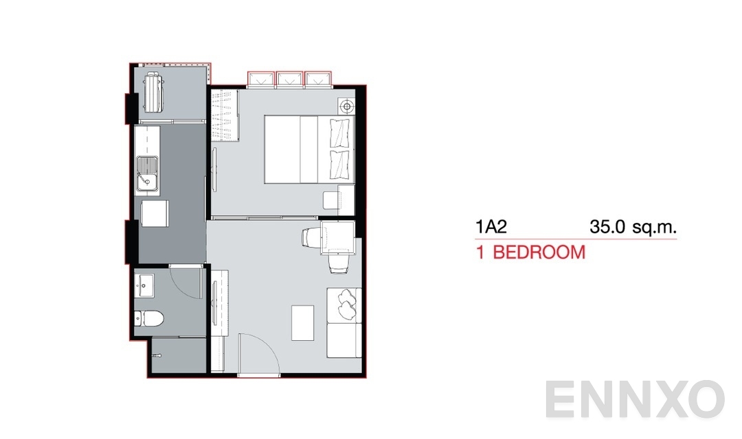 รูปแปลนห้อง 1 Bedroom 1A2 (35 sq.m) ของโครงการ Supalai City Resort Bearing Station Sukumvit 105