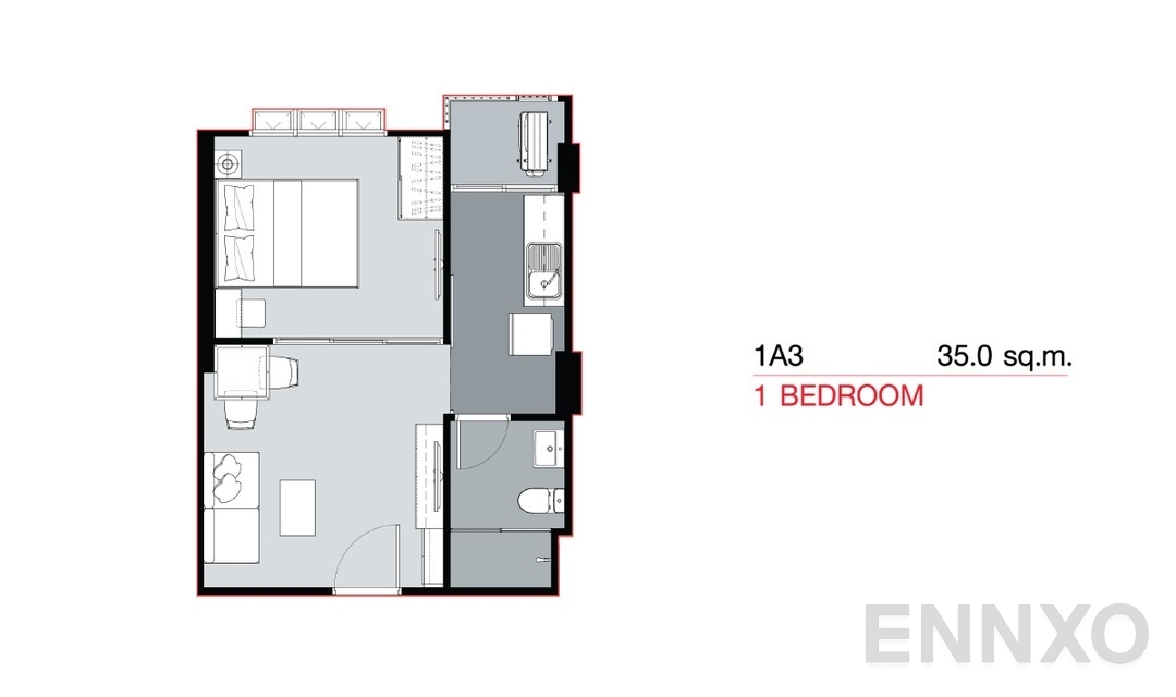 รูปแปลนห้อง 1 Bedroom 1A3 (35 sq.m) ของโครงการ Supalai City Resort Bearing Station Sukumvit 105