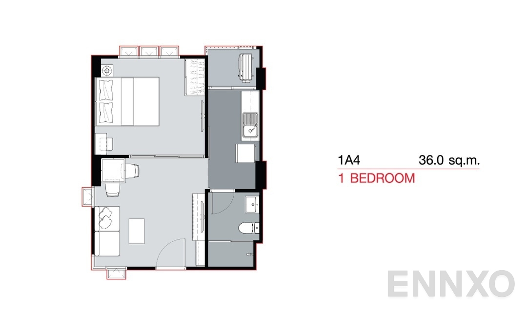 รูปแปลนห้อง 1 Bedroom 1A4 (36 sq.m) ของโครงการ Supalai City Resort Bearing Station Sukumvit 105