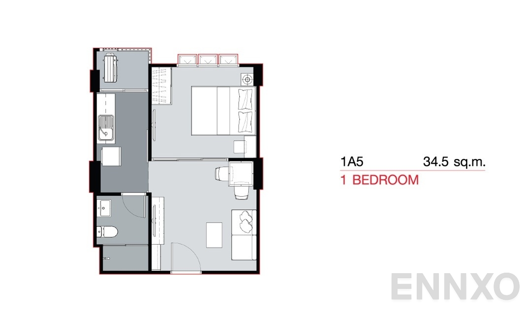 รูปแปลนห้อง 1 Bedroom 1A5 (34.5 sq.m) ของโครงการ Supalai City Resort Bearing Station Sukumvit 105