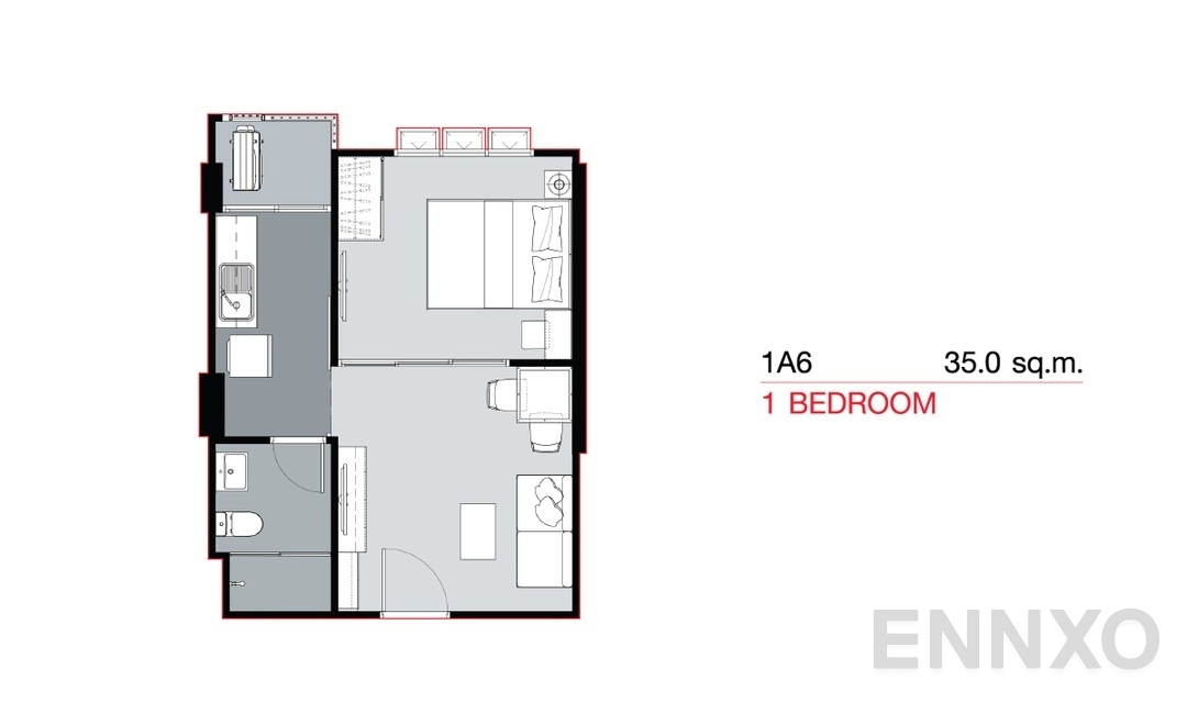 รูปแปลนห้อง 1 Bedroom 1A6 (35 sq.m) ของโครงการ Supalai City Resort Bearing Station Sukumvit 105