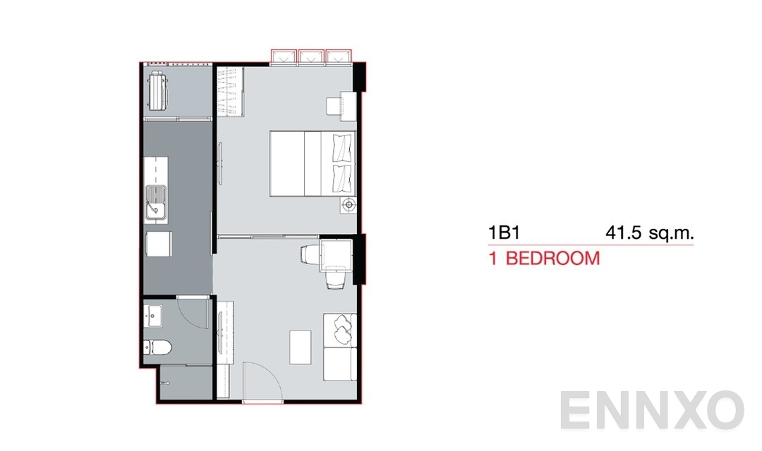 รูปแปลนห้อง 1 Bedroom 1B1 (41.5 sq.m) ของโครงการ Supalai City Resort Bearing Station Sukumvit 105