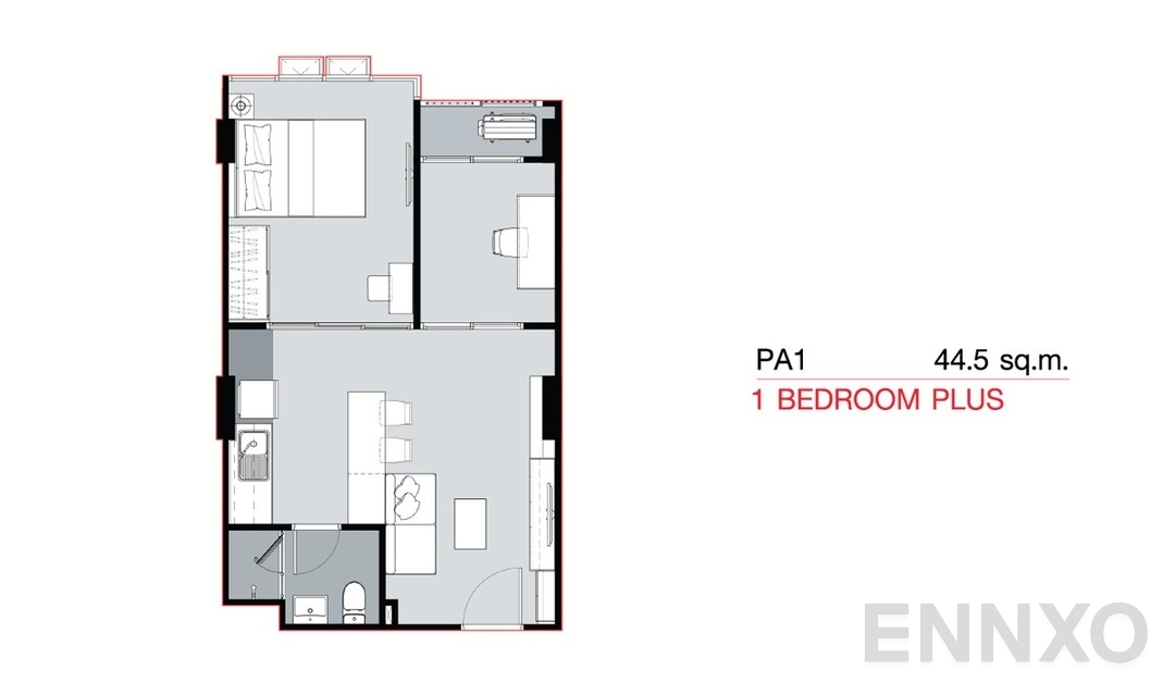 รูปแปลนห้อง 1 Bedroom Plus PA1 (44.5 sq.m) ของโครงการ Supalai City Resort Bearing Station Sukumvit 105