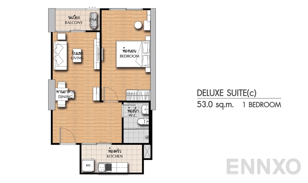 รูปแปลนห้อง 1 Bedroom DS(c) (53 ตร.ม.) ของโครงการ ศุภาลัย ซิตี้ รีสอร์ท แจ้งวัฒนะ