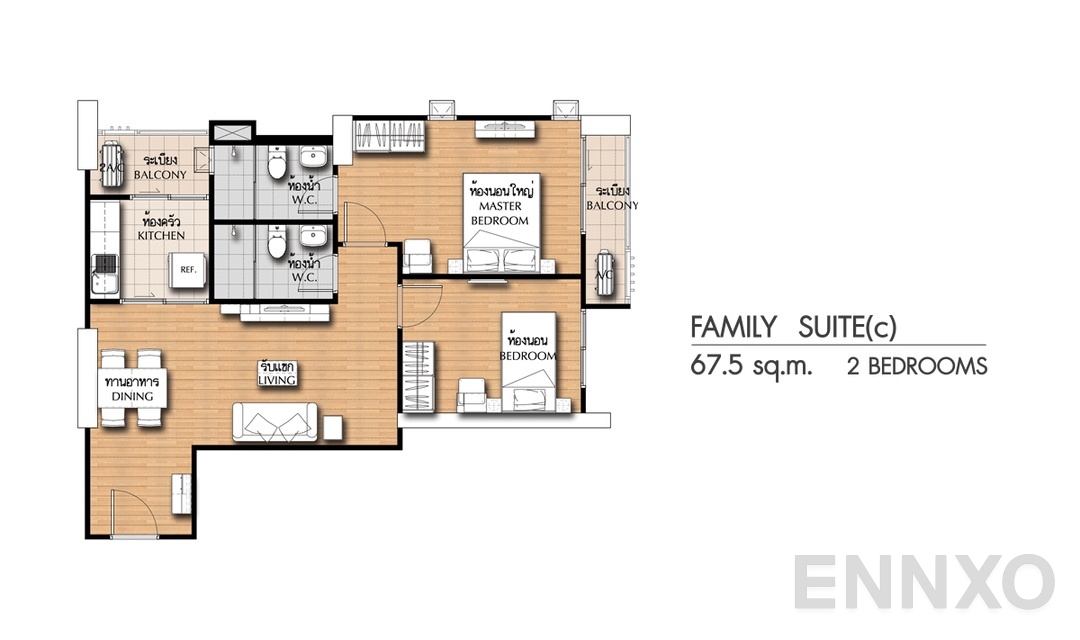 รูปแปลนห้อง 2 Bedrooms FS(c) (67.5 ตร.ม.) ของโครงการ ศุภาลัย ซิตี้ รีสอร์ท แจ้งวัฒนะ