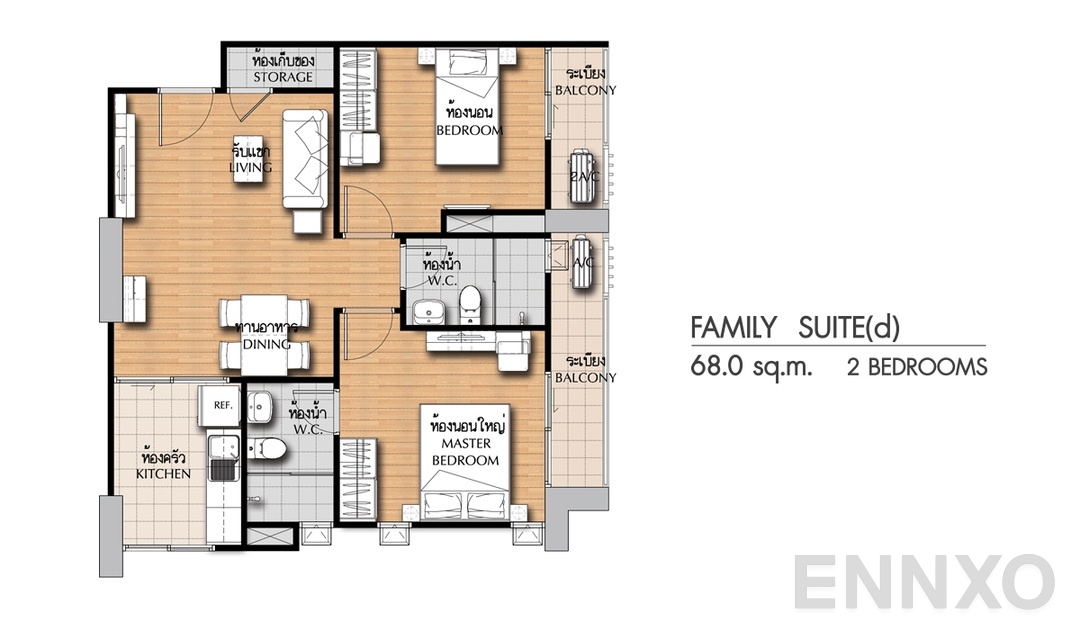 รูปแปลนห้อง 2 Bedrooms FS(d) (68 ตร.ม.) ของโครงการ ศุภาลัย ซิตี้ รีสอร์ท แจ้งวัฒนะ