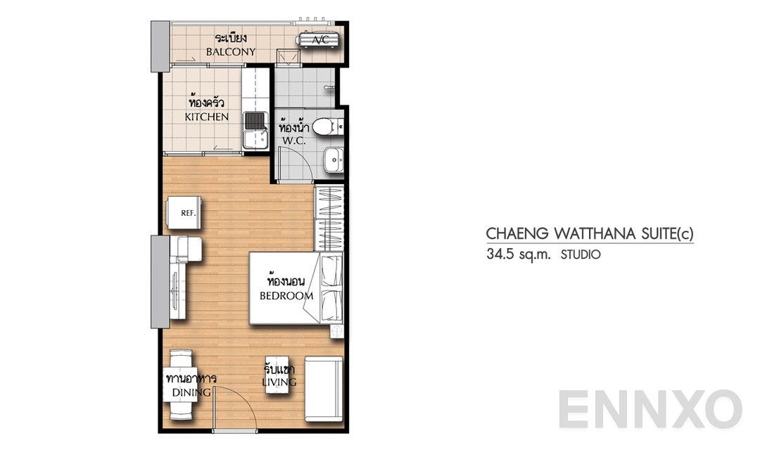 รูปแปลนห้อง Studio CS(c) (34.5 ตร.ม.) ของโครงการ ศุภาลัย ซิตี้ รีสอร์ท แจ้งวัฒนะ