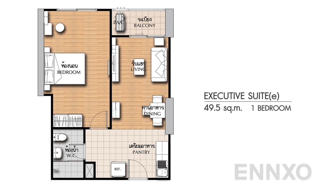 รูปแปลนห้อง 1 Bedroom ES(e) (49.5 ตร.ม.) ของโครงการ ศุภาลัย ซิตี้ รีสอร์ท แจ้งวัฒนะ
