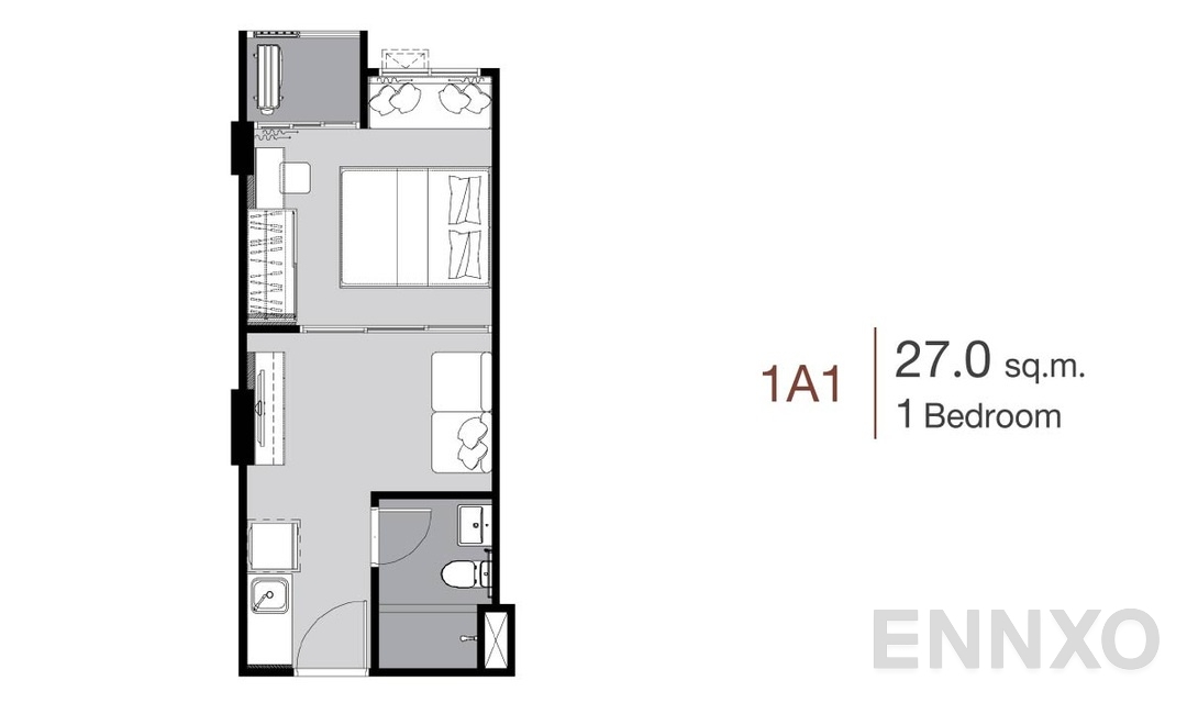 รูปแปลนห้อง 1 Bedroom 1A1 (27 ตร.ม.) ของโครงการ Supalai City Resort Charan 91