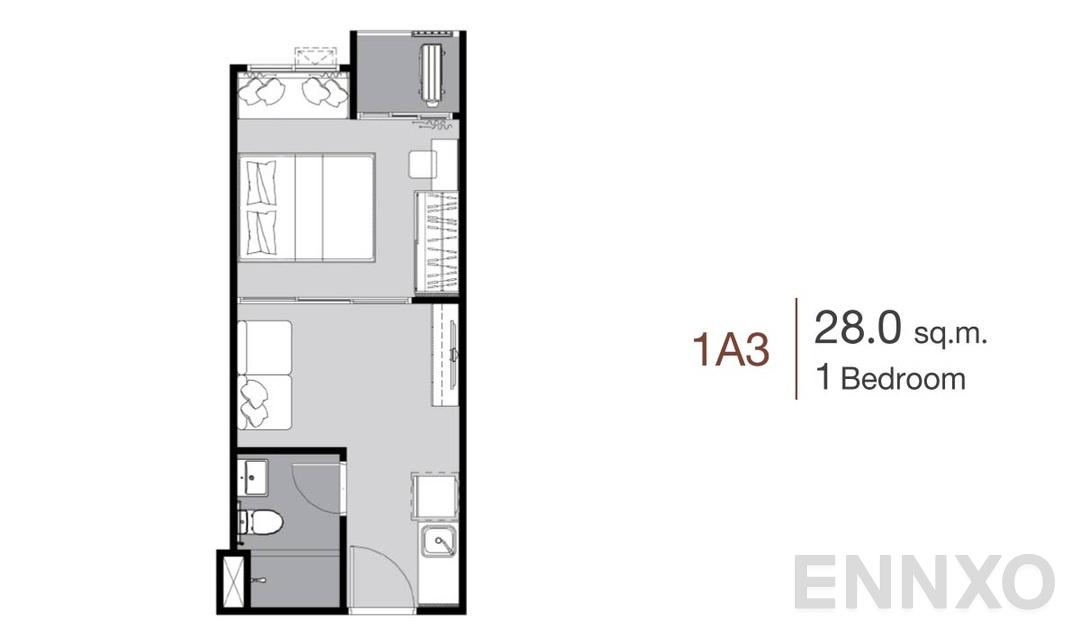รูปแปลนห้อง 1 Bedroom 1A3 (28 ตร.ม.) ของโครงการ Supalai City Resort Charan 91