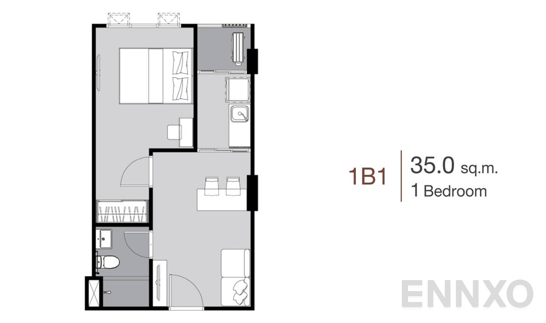 รูปแปลนห้อง 1 Bedroom 1B1 (35 ตร.ม.) ของโครงการ Supalai City Resort Charan 91