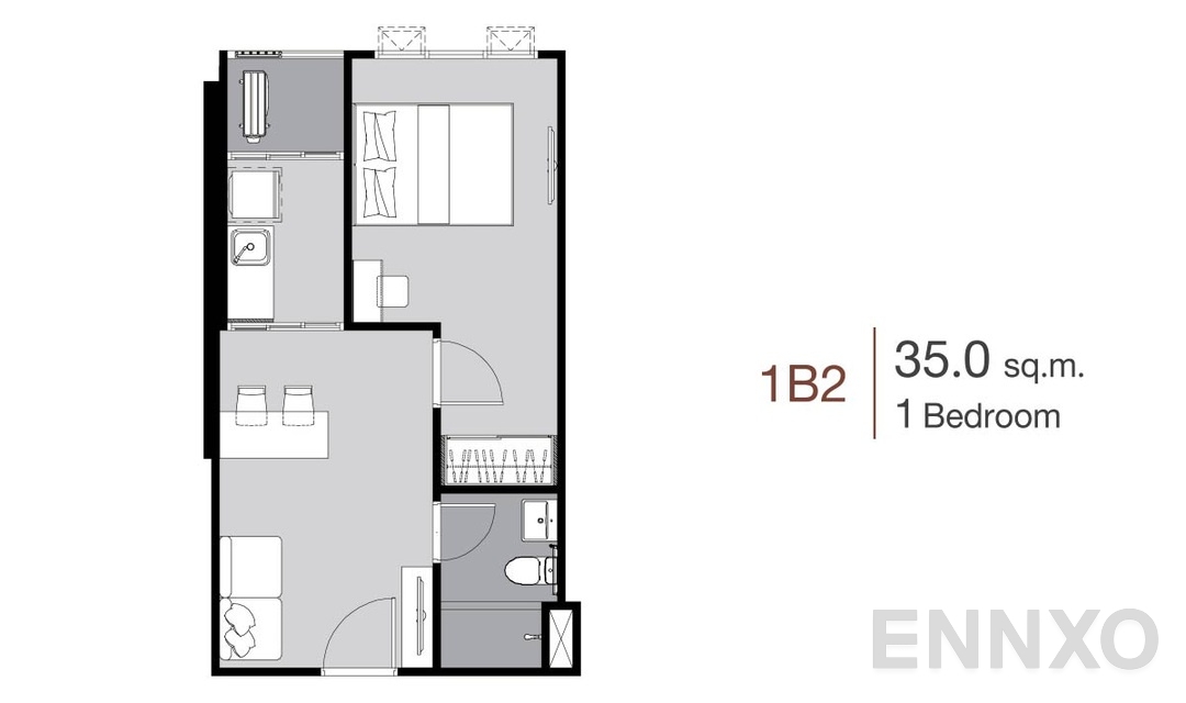รูปแปลนห้อง 1 Bedroom 1B2 (35 ตร.ม.) ของโครงการ Supalai City Resort Charan 91