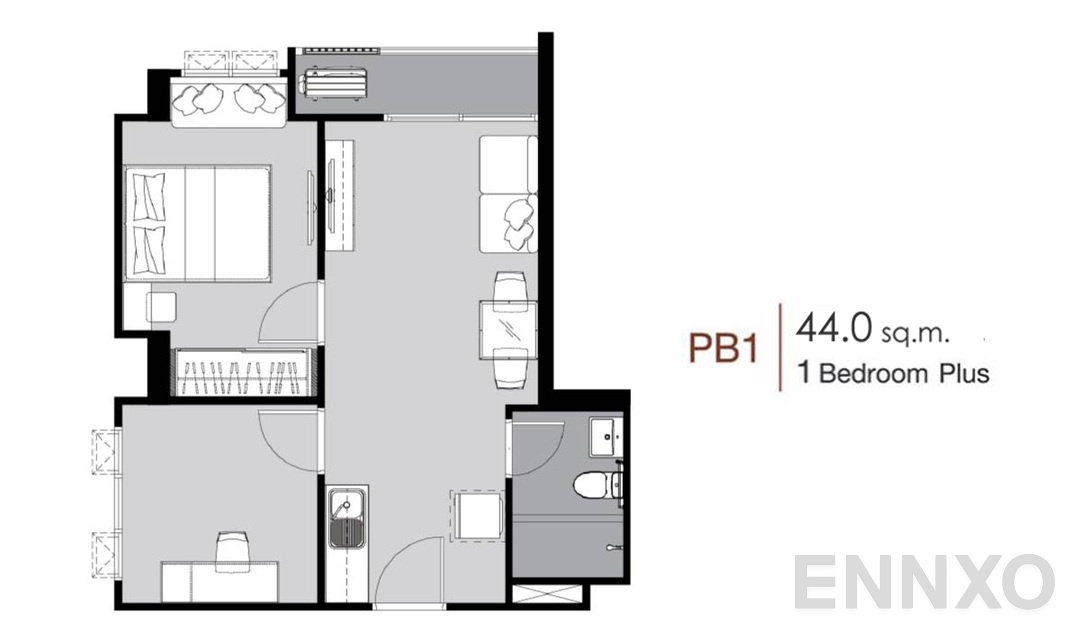 รูปแปลนห้อง 1 Bedroom Plus PB1 (44 ตร.ม.) ของโครงการ Supalai City Resort Charan 91