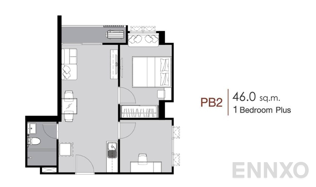 รูปแปลนห้อง 1 Bedroom Plus PB2 (46 ตร.ม.) ของโครงการ Supalai City Resort Charan 91