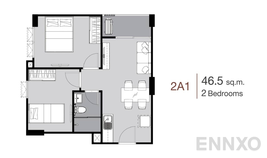 รูปแปลนห้อง 2 Bedrooms 2A1 (46.5 ตร.ม.) ของโครงการ Supalai City Resort Charan 91