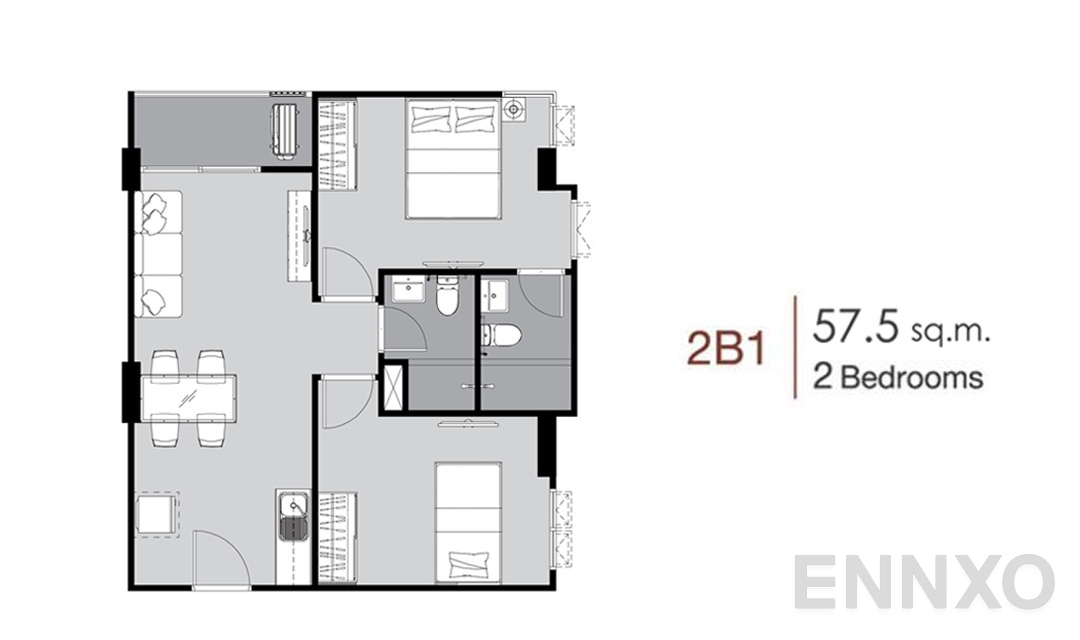 รูปแปลนห้อง 2 Bedrooms 2B1 (57.5 ตร.ม.) ของโครงการ Supalai City Resort Charan 91
