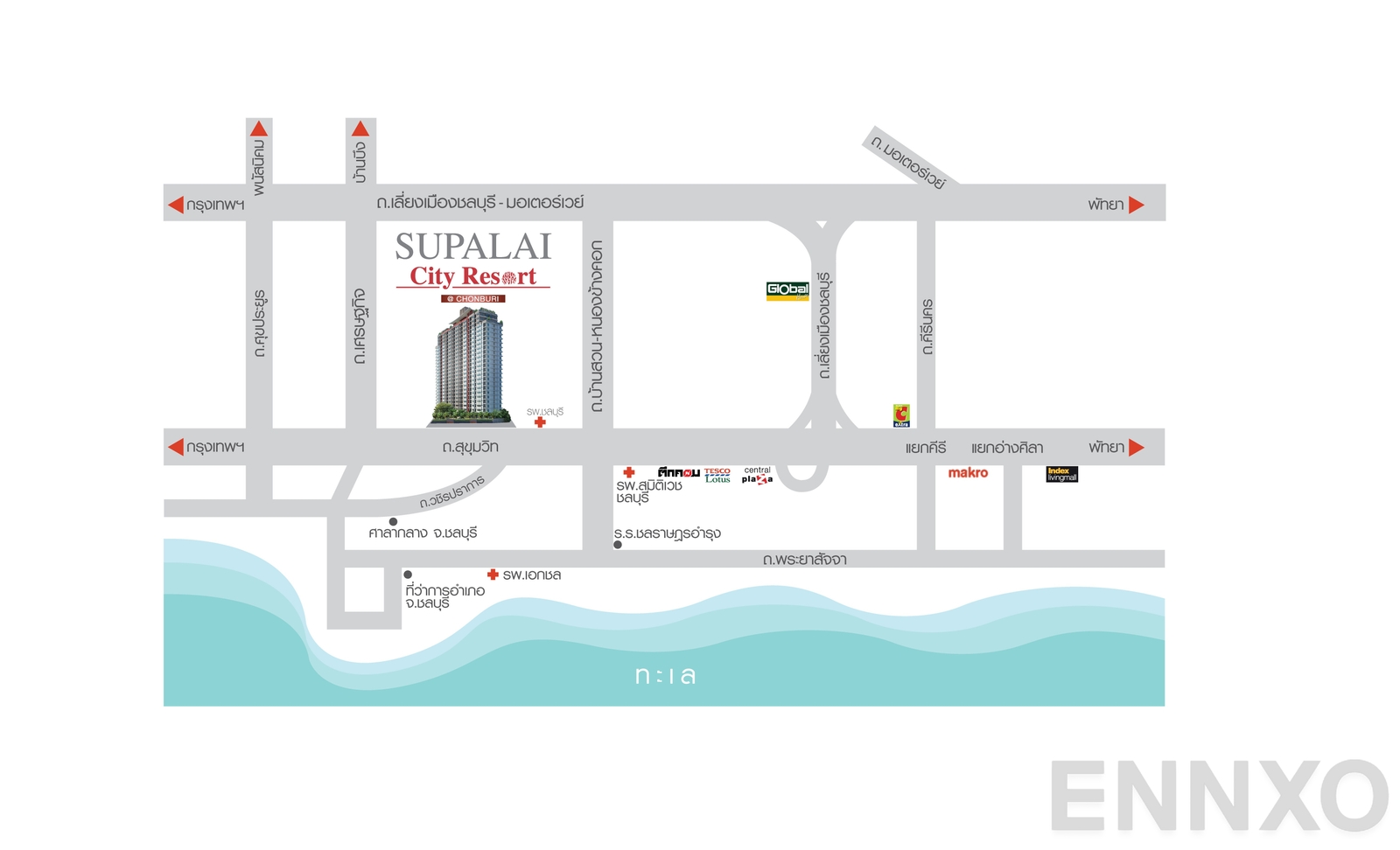 ภาพแผนที่แสดงที่ตั้งโครงการ Supalai City Resort Chonburi และสถานที่โดยรอบ