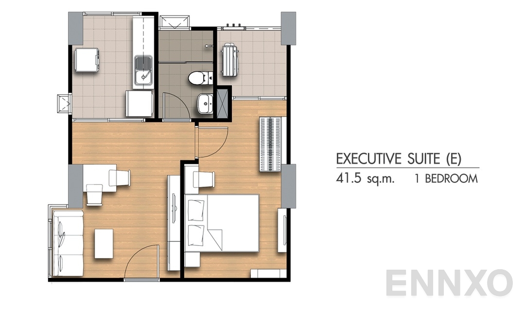 รูปแปลนห้อง 1 Bedroom Ex(e) (41.5 ตร.ม.) ของโครงการ Supalai City Resort Chonburi