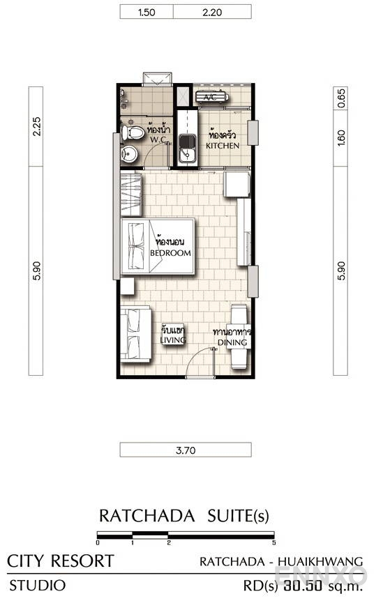 รูปแปลนห้อง Studio ของโครงการ ศุภาลัย ซิตี้ รีสอร์ท รัชดา-ห้วยขวาง
