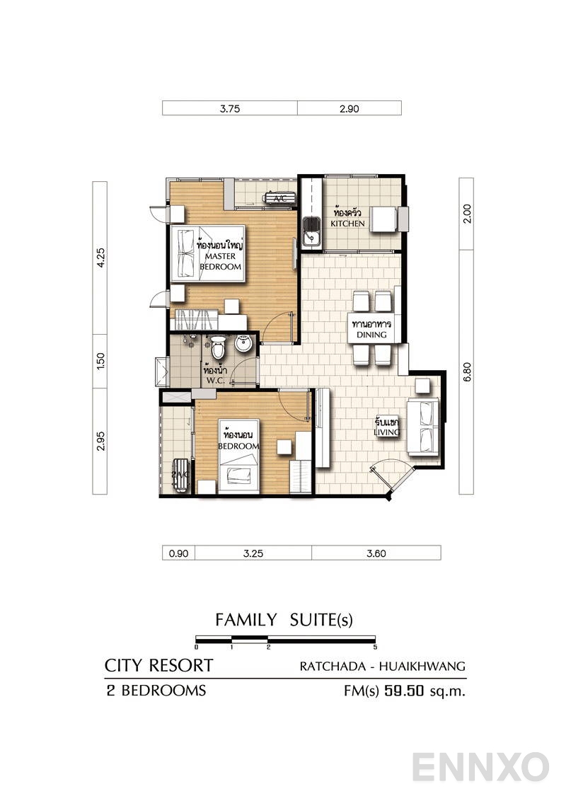 รูปแปลนห้อง 2 Bedroom ของโครงการ ศุภาลัย ซิตี้ รีสอร์ท รัชดา-ห้วยขวาง