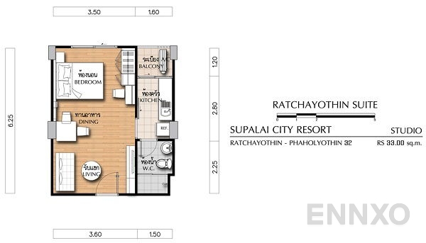 รูปแปลนห้อง Studio โครงการ Supalai City Resort Ratchayothin - Phaholyothin 32