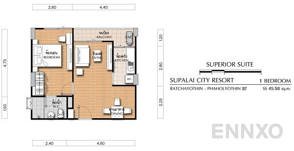 รูปแปลนห้อง 1 Bedroom ของโครงการ Supalai City Resort Ratchayothin - Phaholyothin 32