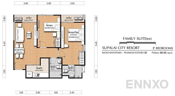 รูปแปลนห้อง 2 Bedroom ของโครงการ Supalai City Resort Ratchayothin - Phaholyothin 32
