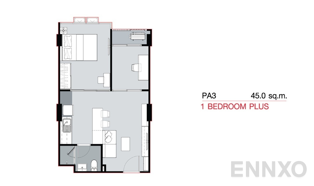 รูปแปลนห้อง 1 Bedroom Plus PA3 (45 sq.m) ของโครงการ SUPALAI City Resort SUKHUMVIT 107